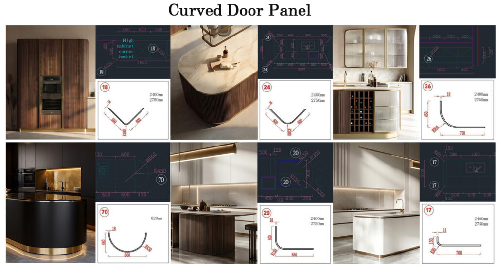 Shape Ends Timber VCCUCINE-NOFD008-Melamine Modern Oak Kitchen cabinetry with Curved ...