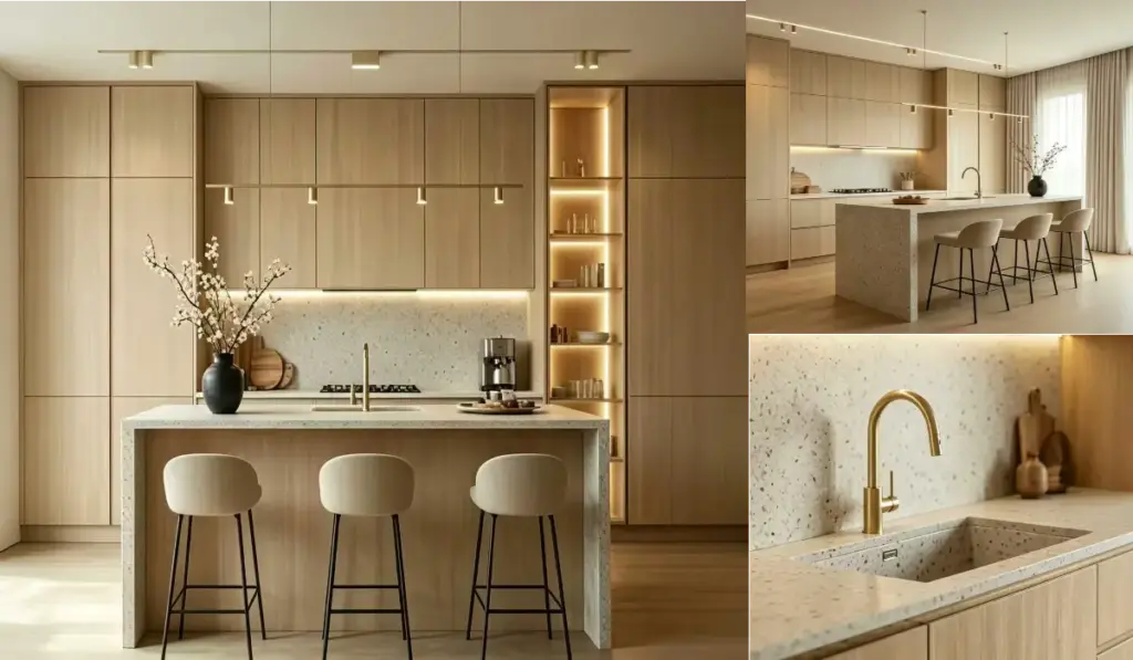 Modern light oak grain handleless custom kitchen cabinet with central quartz island bench, LED lit open display tall cabinet, soft close Blum hardware, open plan kitchen design for Australian home renovation, melamine flat pack kitchen cabinetry with under-mount sink and brushed gold pull out tap