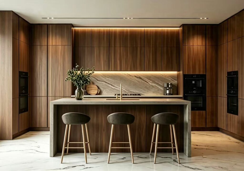VCCUCINE-SOCP001-Modern Dark Walnut Grain Kitchen cabinetry with Quartz Island for Australia builder