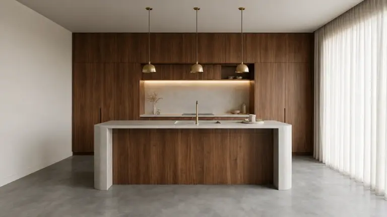 VCCUCINE-CWCP007- Minimalist Dark Oak Wood Veneer Kitchen Cabinetry with Curved Island for Australia Builder