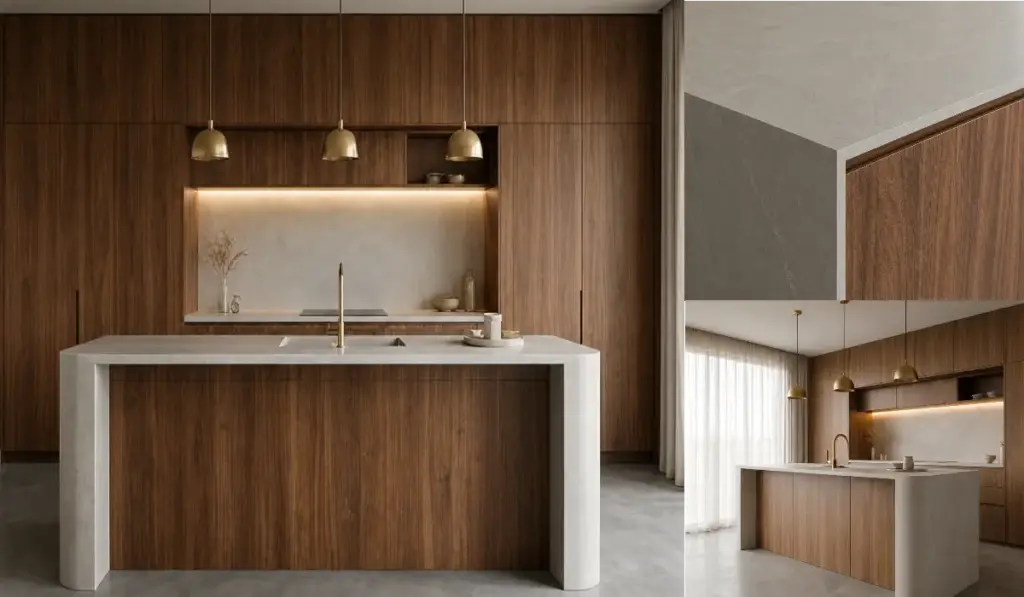 VCCUCINE-CWCP007- Minimalist Dark Oak Wood Veneer Kitchen Cabinetry with Curved Island for Australia Builder