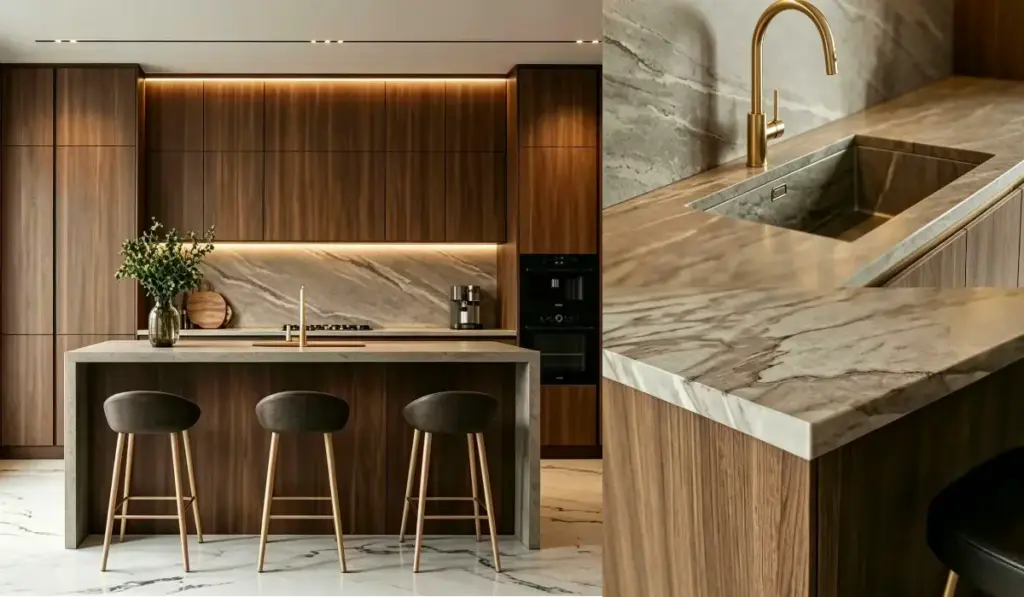 VCCUCINE-SOCP001-Modern Dark Walnut Grain Kitchen cabinetry with Quartz Island for Australia builder