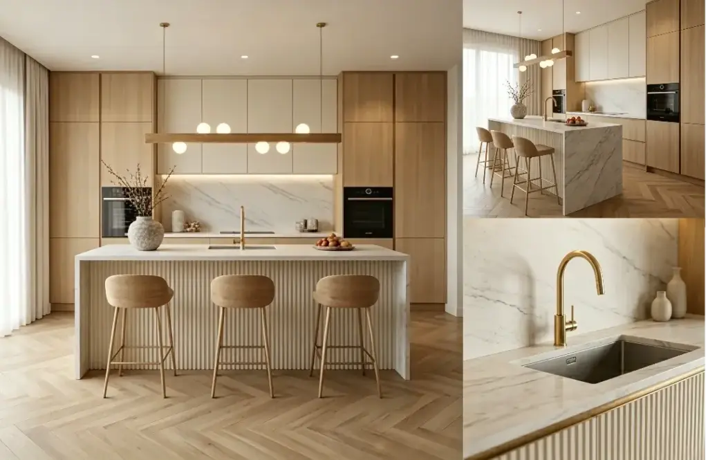 VCCUCINE-NOFD006-Oak Grain Modern Kitchen cabinetry with Fluted Island for Australia