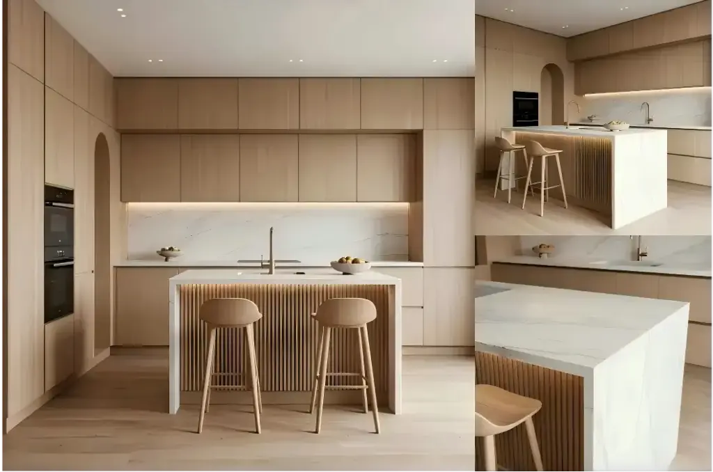 Collage gallery of modern wood veneer kitchen cabinet with fluted island, full view of open-plan Australian minimalist kitchen with light oak handleless cabinetry, built-in oven, quartz stone island bench with vertical ribbed facade, plus overhead & close-up detail shots of the fluted island and brushed gold mixer tap