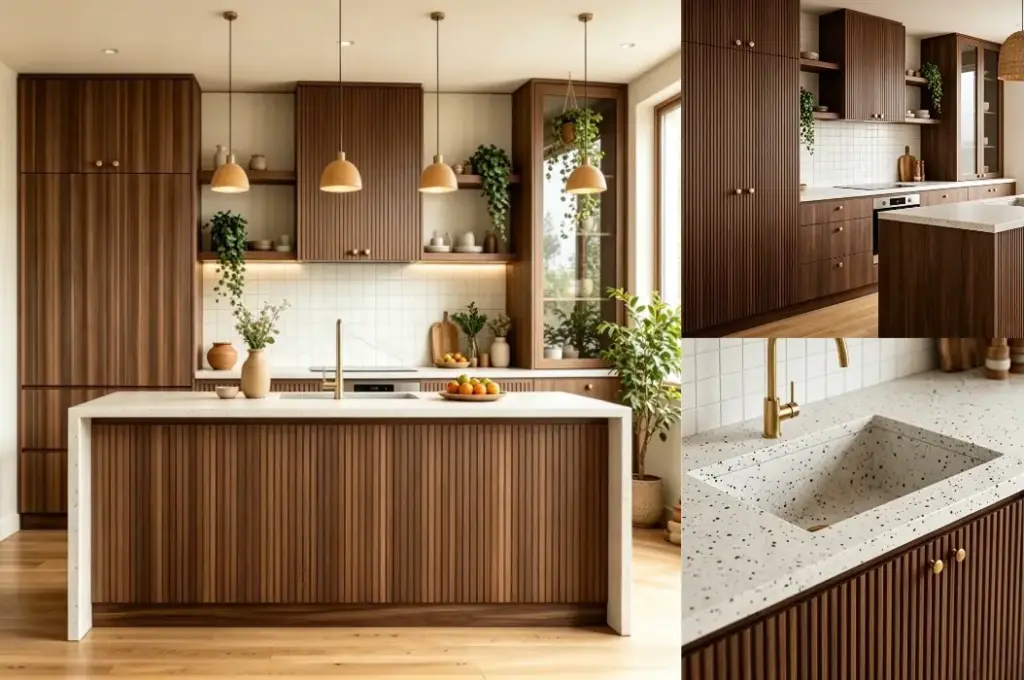 Modern Dark Brown Wood Veneer Kitchen Cabinet with Fluted Island for Australia project, custom vertical fluted walnut cabinetry for Australia apartment open kitchen layout, featuring full-height pantries, glass wall cabinets, speckled quartz benchtop and undermount sink details