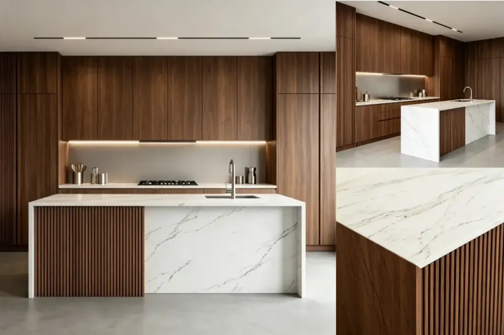 Modern walnut tone matte lacquer kitchen cabinet with square fluted island, full-wall seamless finger pull cabinetry, white marble quartz countertop, minimalist open kitchen interior