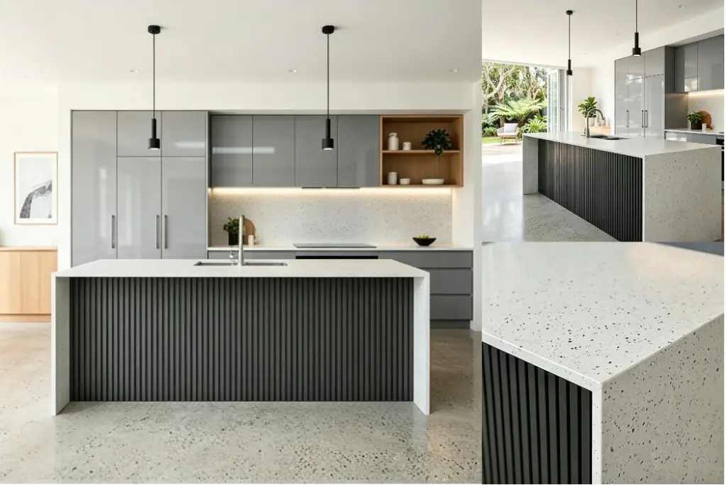 Collage gallery of two-tone storm blue high gloss lacquer kitchen cabinet with charcoal slate vertical fluted island, light timber open shelving, long vertical metal handles, speckled quartz countertop, modern open Australian family kitchen interior