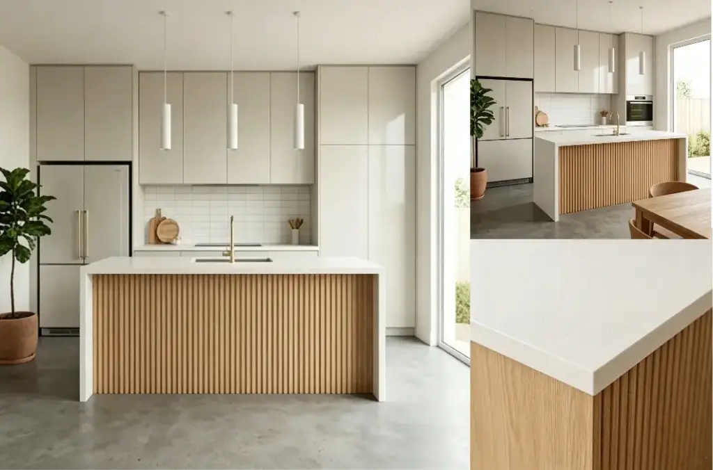 Gallery collage of modern white high gloss lacquer kitchen cabinet with light oak fluted island bench, full-wall seamless handleless cabinetry, gold bar pulls, solid white quartz countertop, minimalist open-plan Australian family kitchen interior