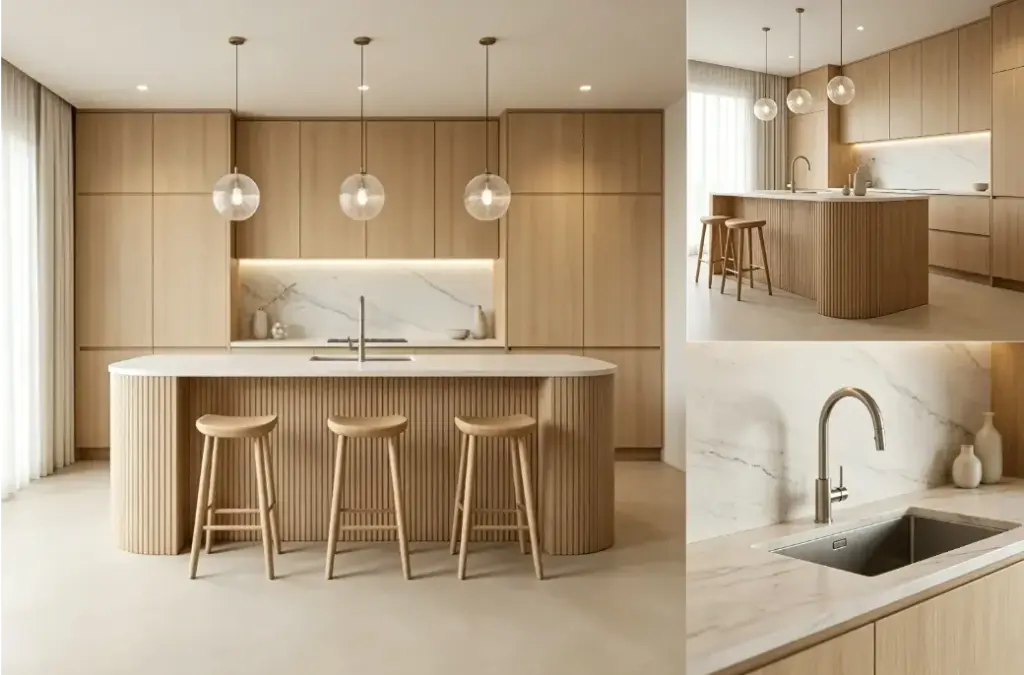 VCCUCINE-NOFD008-Melamine Modern Oak Kitchen cabinetry with Curved Fluted Island for Australia