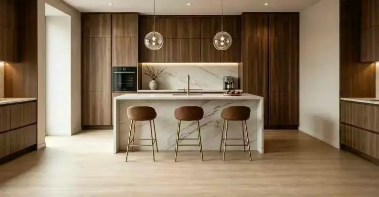 VCCUCINE-WCP001- Light Walnut Grain Modern Kitchen cabinetry with Quartz Island for Australia Builders