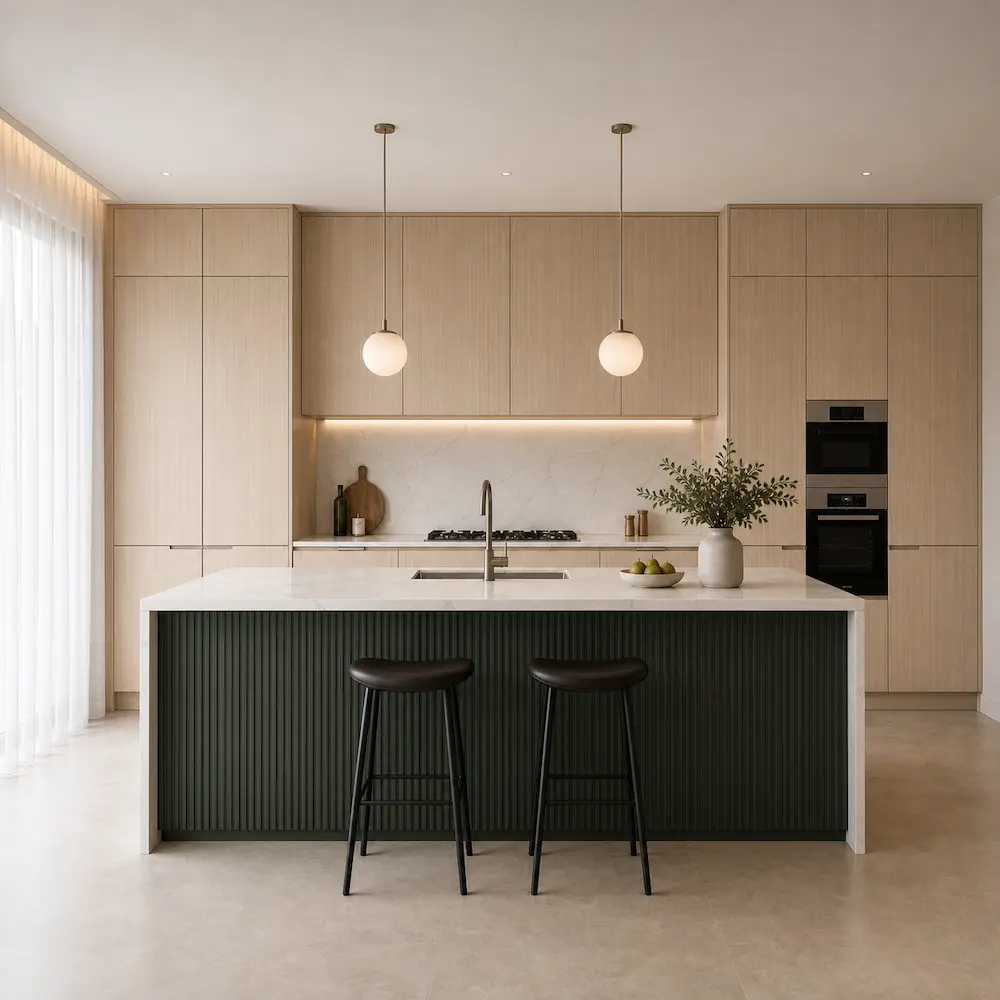 VCCUCINE-MFD005-Wood Veneer Oak and Olive Darb Minimalist Kitchen Cabinetry with Fluted Island for Australia