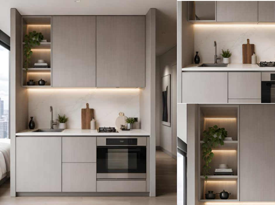 VCCUCINE-SGCP008-Grey Melamine Minimalist Kitchen cabinetry with Finger Pull Door Panel