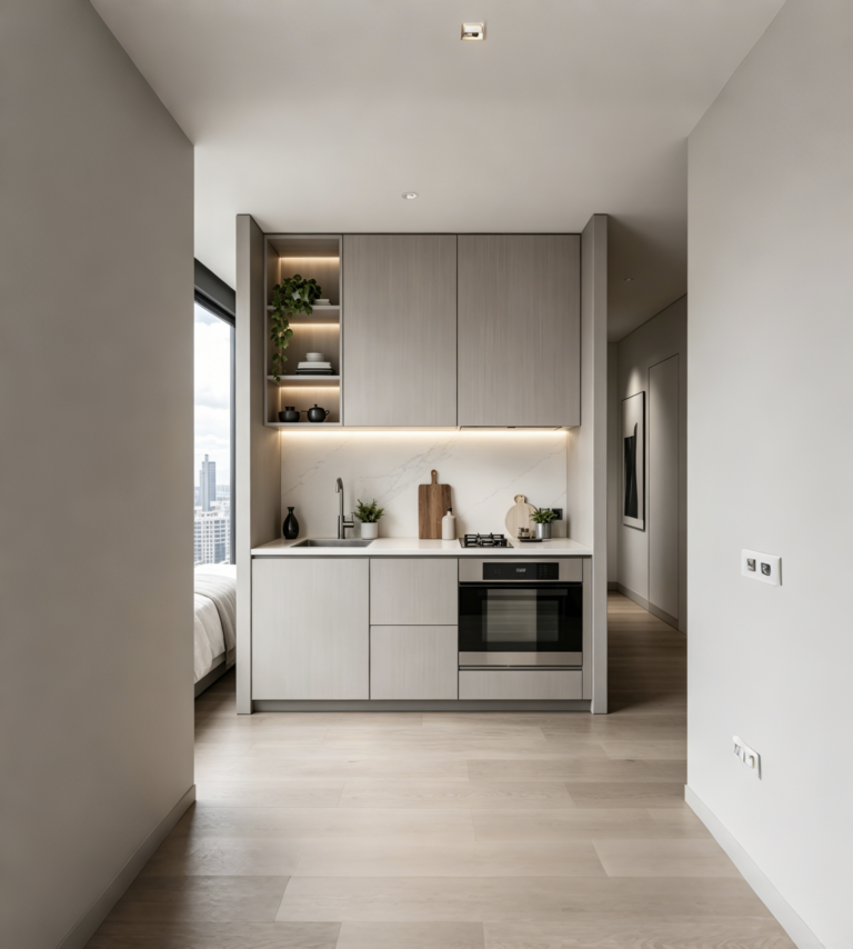VCCUCINE-SGCP008-Grey Melamine Minimalist Kitchen cabinetry with Finger Pull Door Panel