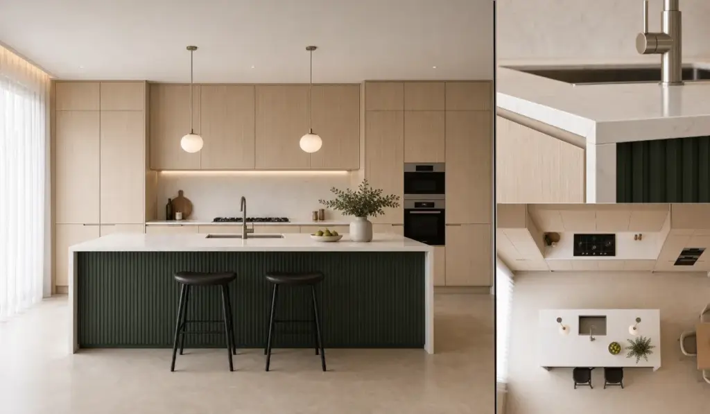 VCCUCINE-MFD005-Wood Veneer Oak and Olive Darb Minimalist Kitchen Cabinetry with Fluted Island for Australia
