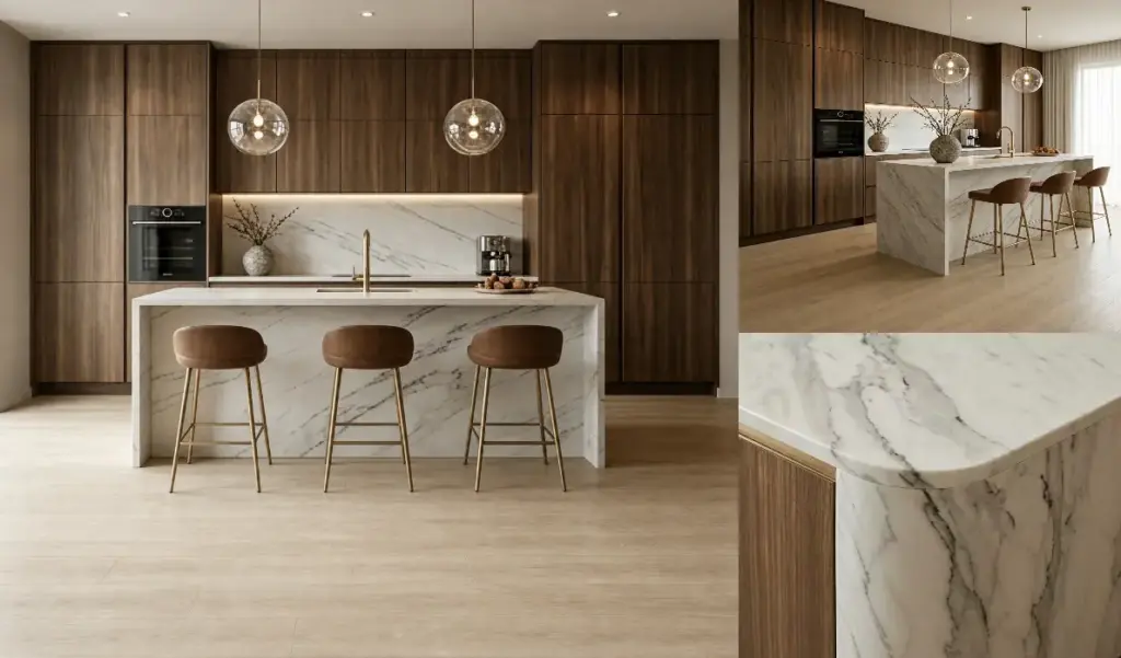 Modern luxury open kitchen, dark walnut wooden cabinetry, white marble waterfall island countertop with grey veining, three brown upholstered gold-frame bar stools, transparent glass globe pendant lights, light wood flooring, warm ambient lighting, minimalist contemporary interior design