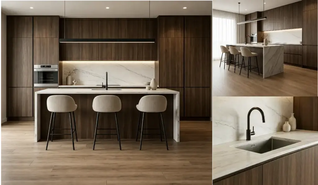 VCCUCINE-WCP001- Dark Brown Veneer Minimalist Kitchen cabinetry with Quartz Island for Australia Builders