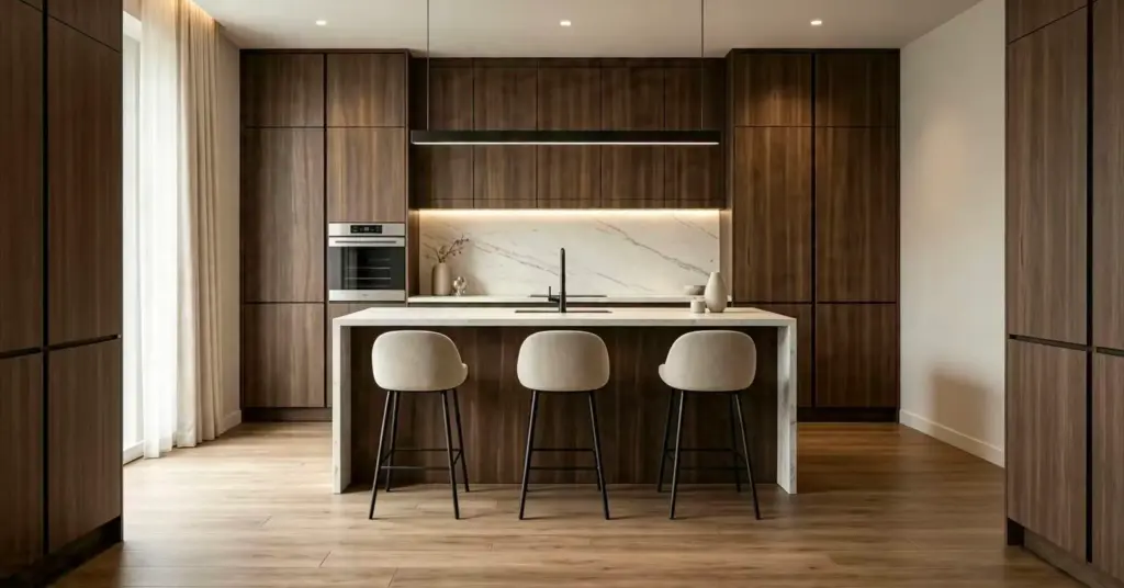 VCCUCINE-WCP001- Dark Brown Veneer Minimalist Kitchen cabinetry with Quartz Island for Australia Builders