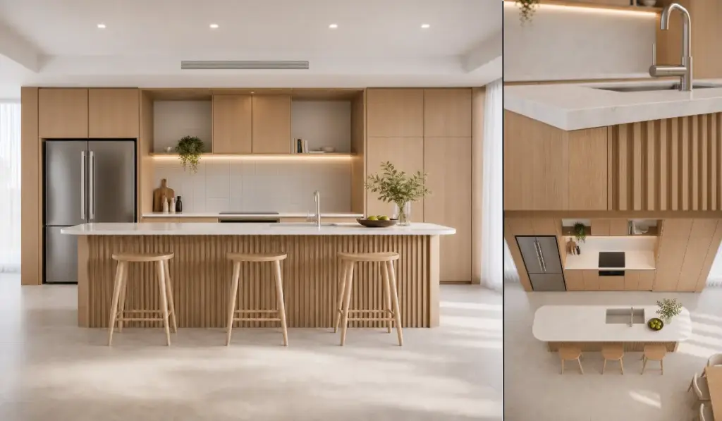 VCCUCINE-SPFD004- Wood Veneer Minimalist Kitchen Cabinetry with Curved Fluted Island for Australia developer