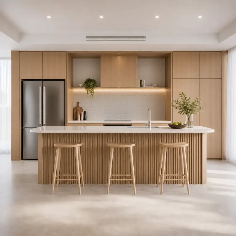 VCCUCINE-SPFD004-  Wood Veneer Minimalist Kitchen Cabinetry with Curved Fluted Island for Australia developer