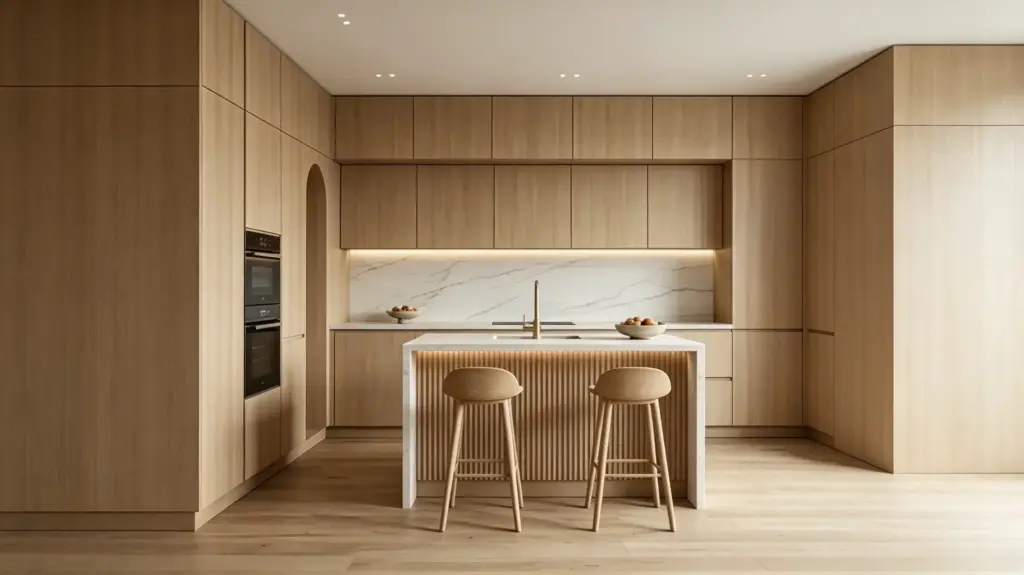 VCCUCINE-RSAFD004-Modern Wood Veneer Kitchen Cabinetry with Fluted Island for Australia