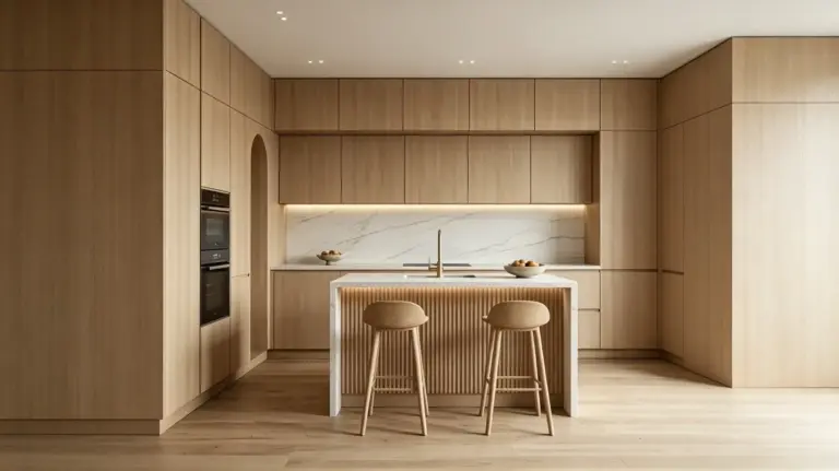 VCCUCINE-RSAFD004-Modern Wood Veneer Kitchen Cabinetry with Fluted Island for Australia