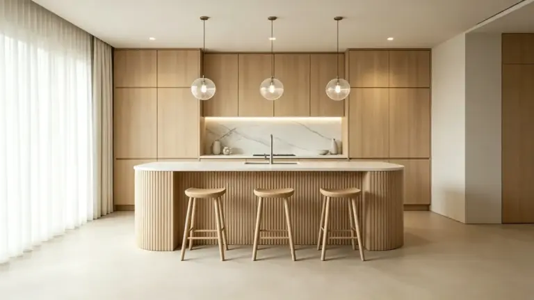 VCCUCINE-NOFD008-Melamine Modern Oak Kitchen cabinetry with Curved Fluted Island for Australia