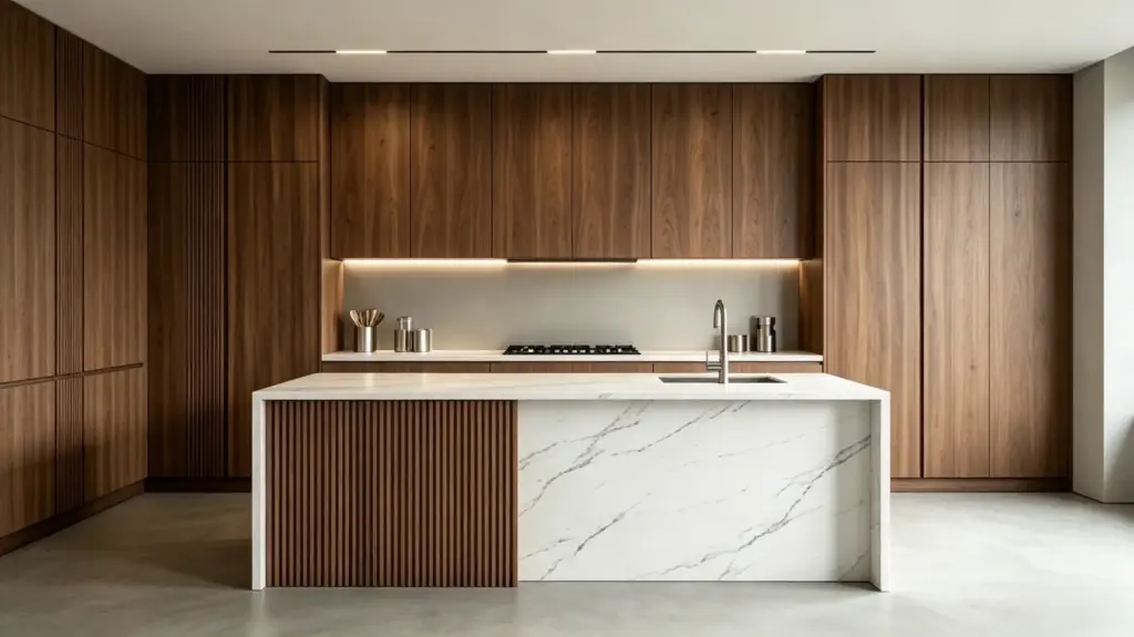 VCCUCINE-DBFD007-Modern Walnut Wood Veneer Kitchen Cabinetry with Fluted Island for Australia
