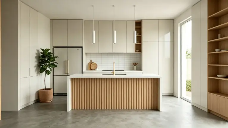 VCCUCINE-SBFD008-White 2PAC Modern Kitchen cabinetry with Fluted Island for Australia builder