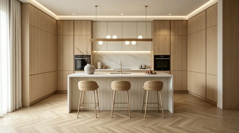 VCCUCINE-NOFD006-Oak Grain Modern Kitchen cabinetry with Fluted Island for Australia