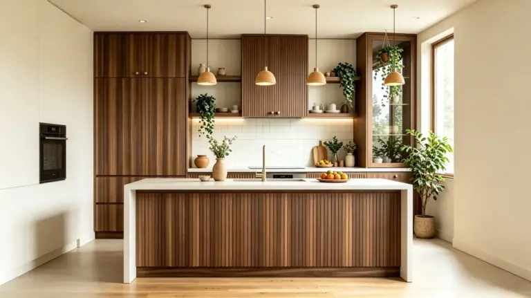VCCUCINE-MFD006-Modern Dark Brown Wood Veneer Kitchen Cabinetry with Fluted Island for Australia