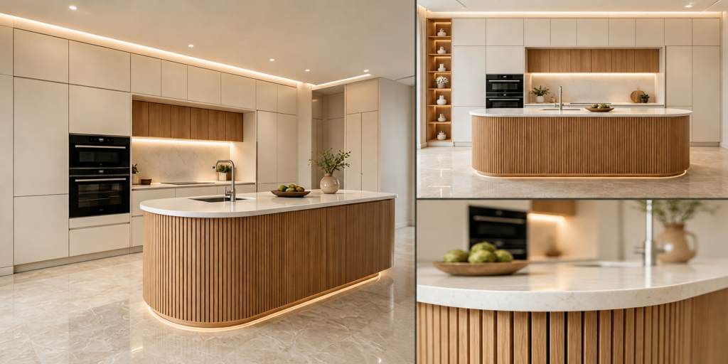 VCCUCINE-CWFD015 Modern Warm White Matte Lacquer Kitchen Cabinet with Natural Oak Curved Fluted Island for Australia Builder