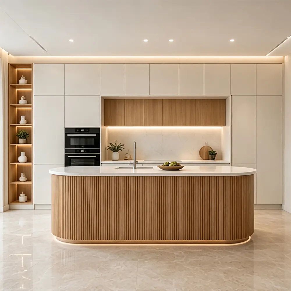 VCCUCINE-CWFD015 Modern Warm White Matte Lacquer Kitchen Cabinet with Natural Oak Curved Fluted Island for Australia Builder