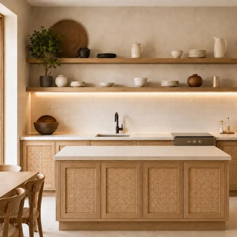 VCCUCINE-STRN007-Bohemian Wood Grain Rattan Kitchen Cabinetry with Island for Australia