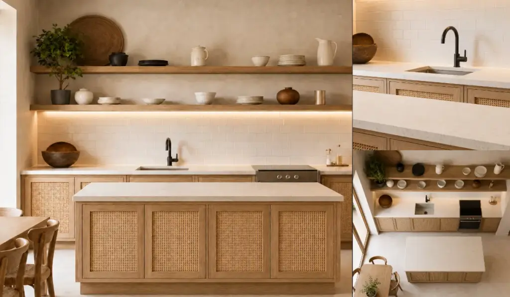 Collage render including full kitchen view, sink counter close-up and overhead layout shot; natural rattan timber kitchen cabinets, cream stone countertops, white subway tile backsplash, open wooden shelves styled with pottery, minimalist Japandi wabi-sabi kitchen-dining space