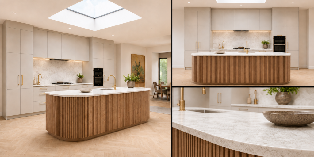 VCCUCINE-WBFD002-Modern Warm Greige Matte Lacquer Minimalist Kitchen Cabinetry with Natural Oak Curved Fluted Island Direct Factory