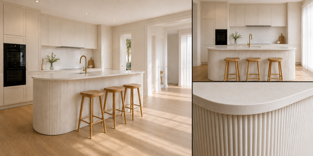 VCCUCINE-CWFD003-Modern Warm White Matte Lacquer Shaker Kitchen Cabinetry with Curved Fluted Island Factory Direct for Australia Wholesale