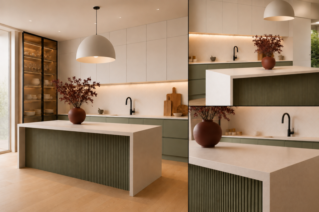 VCCUCINE-SGFD005 Minimalist Off-White and Sage Green 2 PAC Modern Kitchen Cabinetry with Fluted Island Customized for Australia Builder