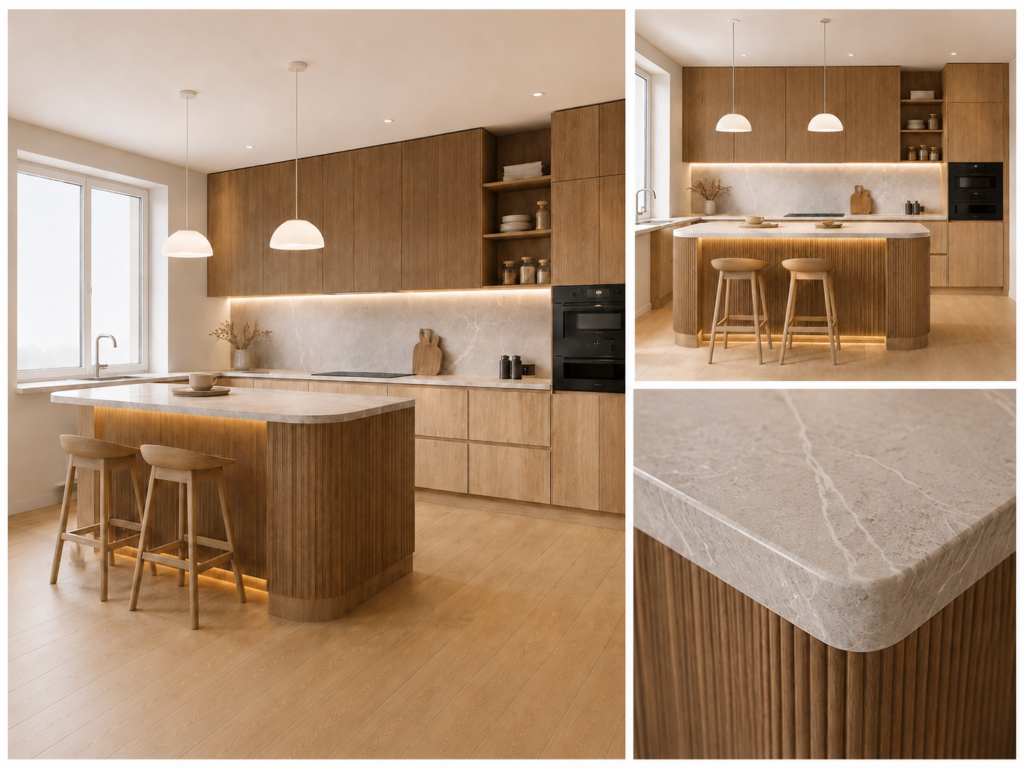 VCCUCINE-LOFD005 Contemporary Minimalist Light Oak Veneer Handleless Fluted Kitchen Cabinetry with Island for Australia Project