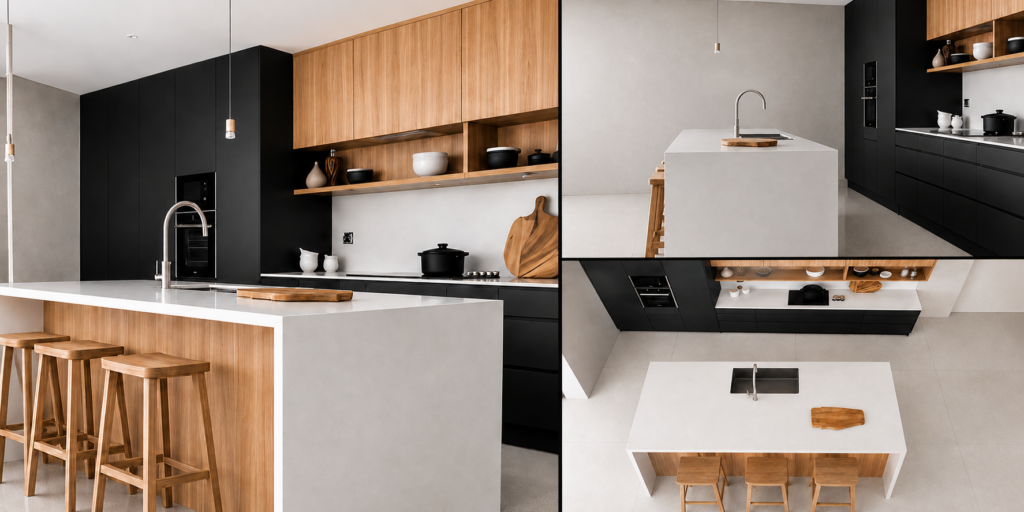 VCCUCINE-BLOCP001 Minimalist Matte Black 2Pack and Light Oak Veneer Handleless Flat Panel Kitchen Cabinetry with White Quartz Island for Australia Builder