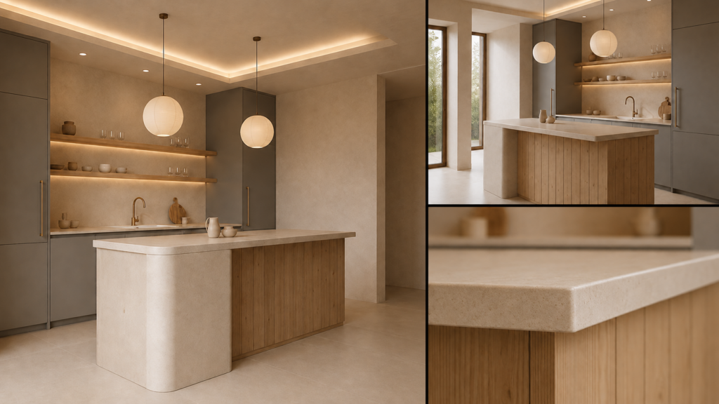 VCCUCINE-WGFD003 Contemporary Minimalist Warm Greige 2PAC Flat Panel and Light Oak Veneer Handleless Kitchen Cabinetry with Curved Slatted Island