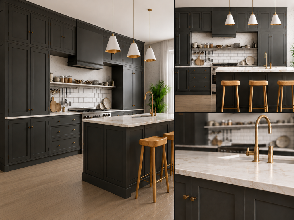 VCCUCINE-CSSR001 Charcoal Slate Matte 2 PAC Modern Inset Shaker Kitchen Cabinetry with White Quartz Island Worktop Eco-Friendly for Australia Project