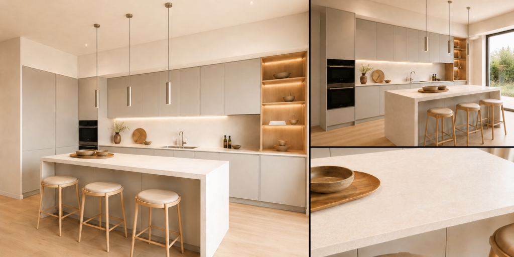 VCCUCINE-WBCP002 Warm Greige 2 PAC Handleless Modern Kitchen Cabinetry with White Waterfall Island for Australia Project