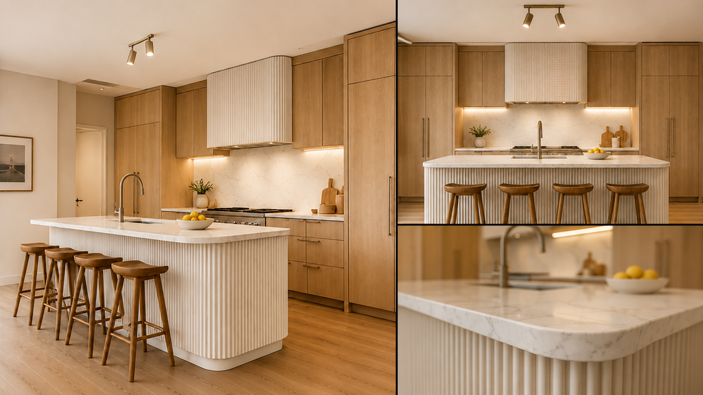 VCCUCINE-LABFD003 Light Ash Blonde Natural Wood Veneer Modern Kitchen Cabinet with White Curved Fluted Island Factory Direct