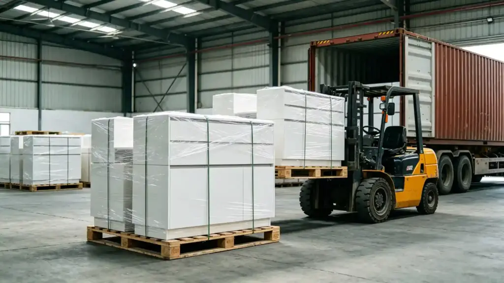 Foshan factory loading pre-assembled kitchen cabinets on pallets into a shipping container for Australia
