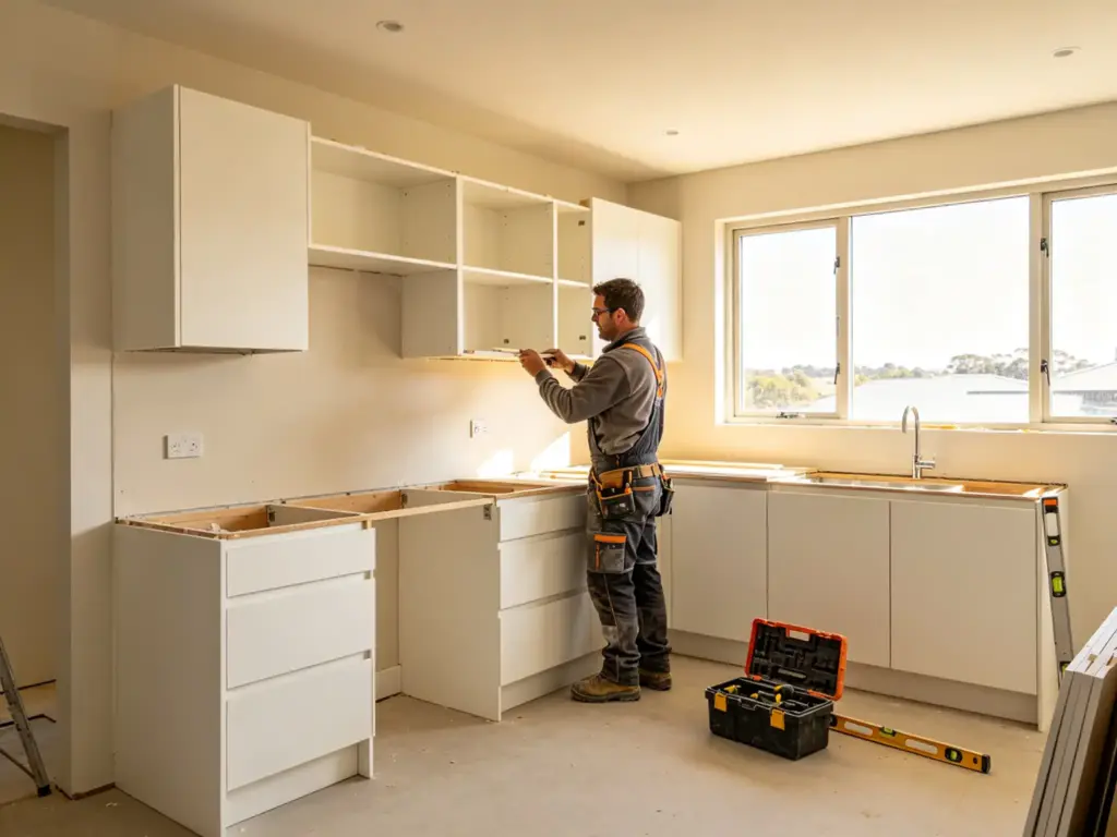 Australian builder installing flat pack kitchen cabinetry on site in Sydney
