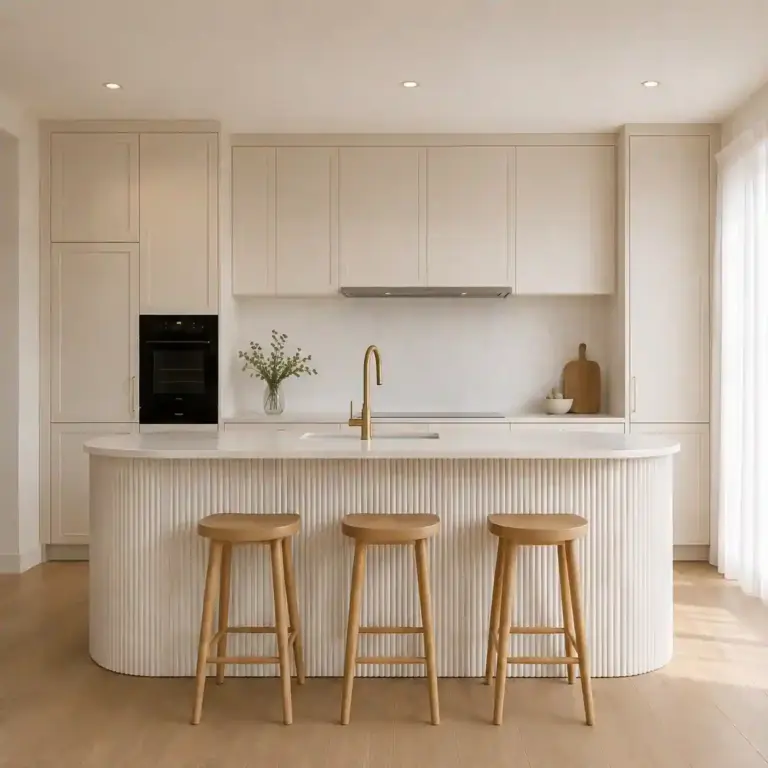 VCCUCINE-CWFD003-Modern Warm White Matte Lacquer Shaker Kitchen Cabinetry with Curved Fluted Island Factory Direct for Australia Wholesale