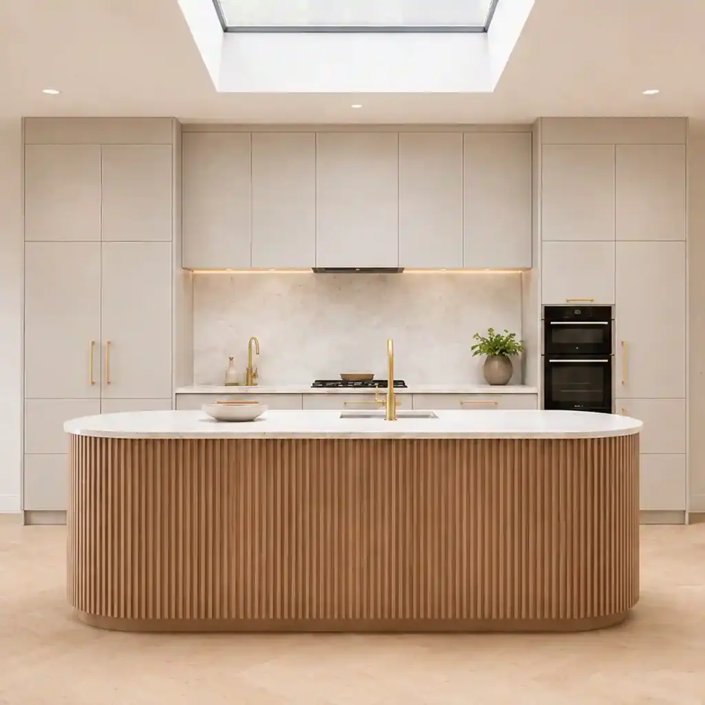 VCCUCINE-WBFD002-Modern Warm Greige Matte Lacquer Minimalist Kitchen Cabinetry with Natural Oak Curved Fluted Island Direct Factory