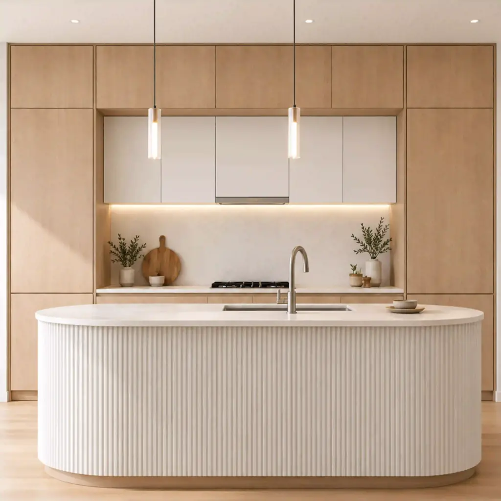 VCCUCINE-LAFD003 Minimalist Light Oak and Warm White Kitchen Cabinetry with Bespoke Curved Fluted Island for Australia