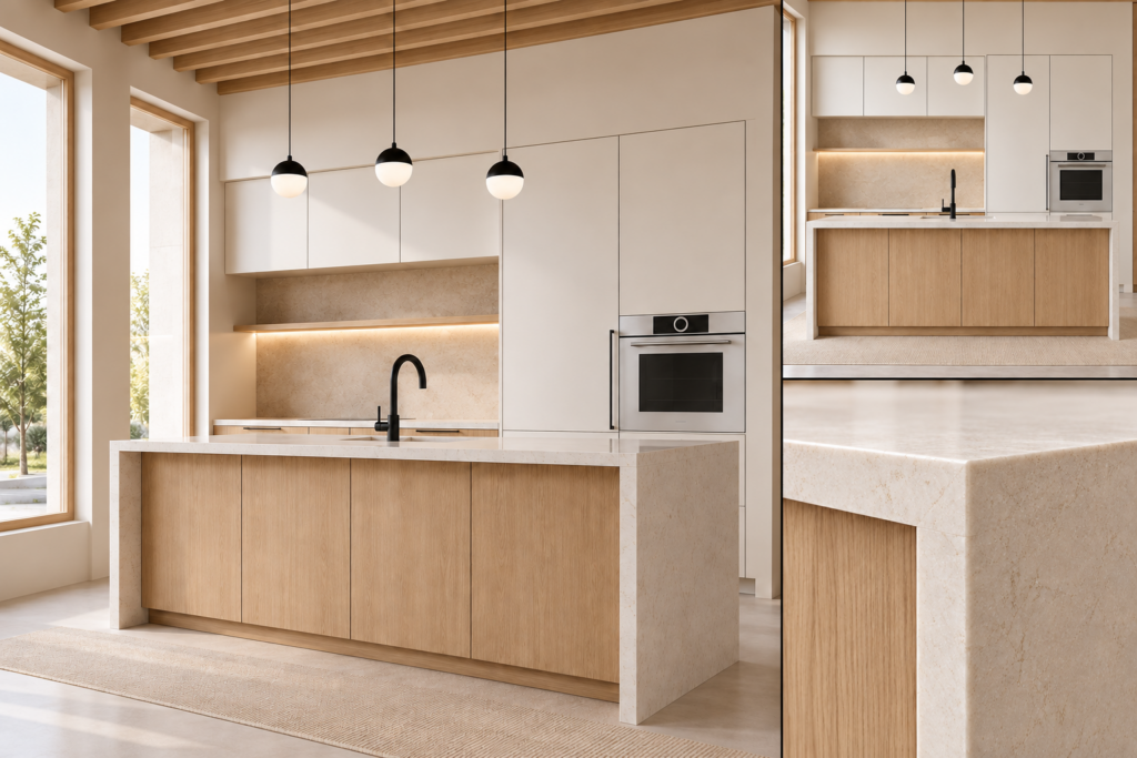 VCCUCINE-CWSP Minimalist White-Oak Melamine Kitchen Cabinetry with Wood-Grain Island for AU Apartment Projects