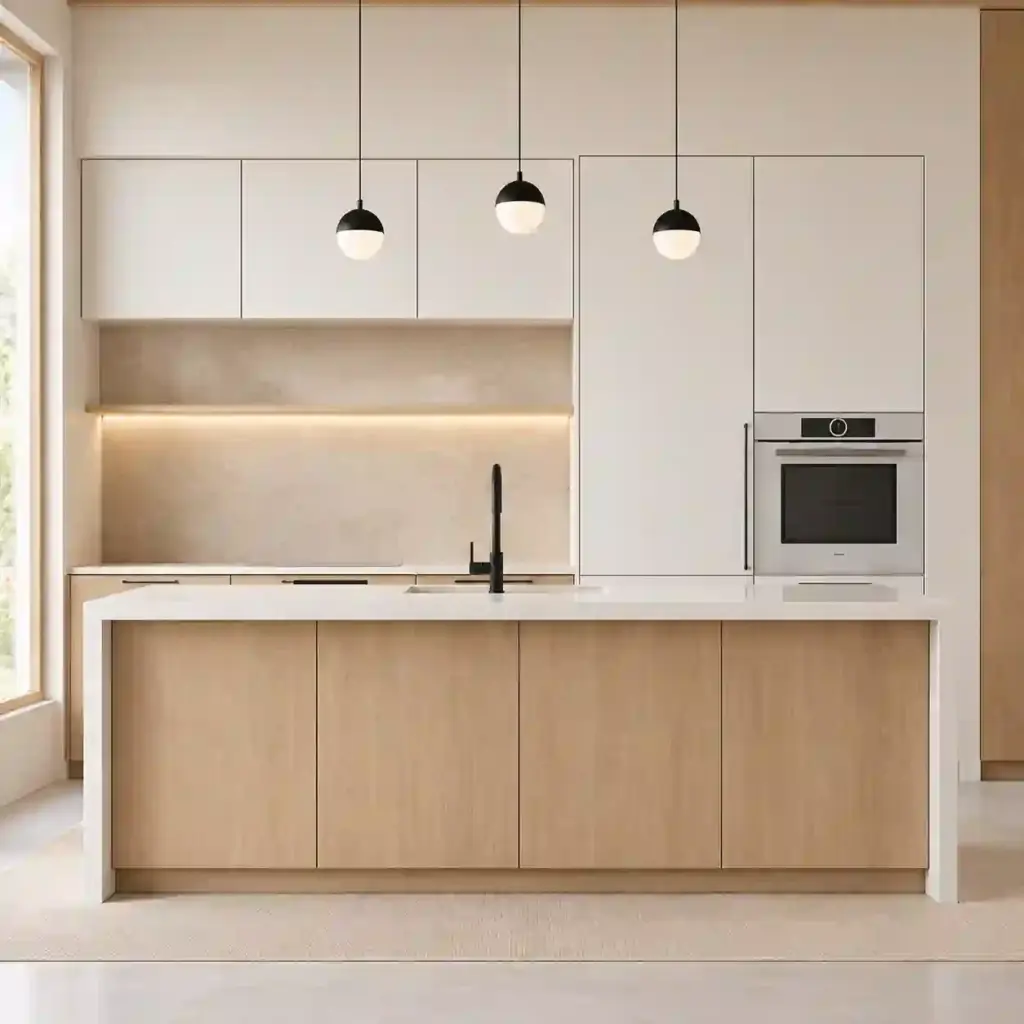 VCCUCINE-CWSP Minimalist White-Oak Melamine Kitchen Cabinetry with Wood-Grain Island for AU Apartment Projects